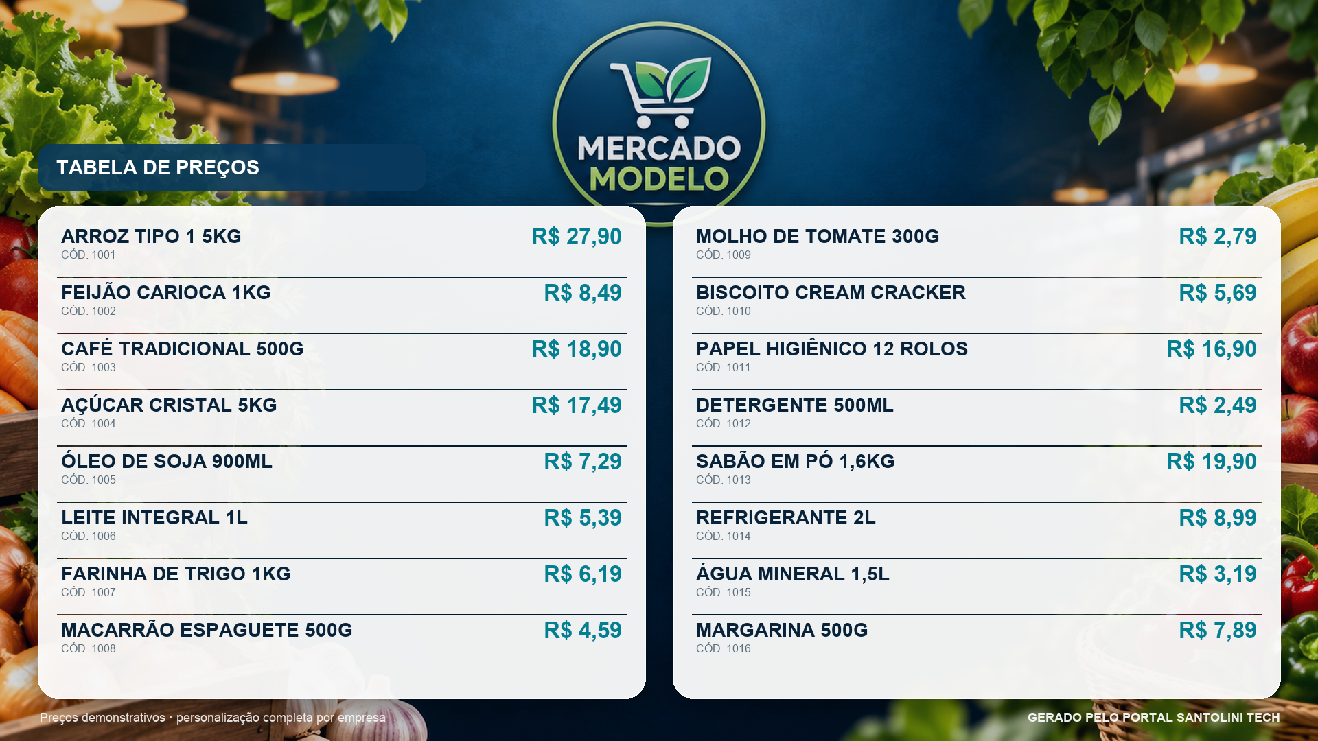 Tabela de preços com identidade visual de um mercado demonstrativo