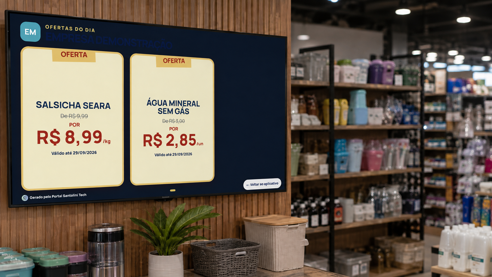 Cartazes digitais de ofertas exibidos em uma televisão de loja