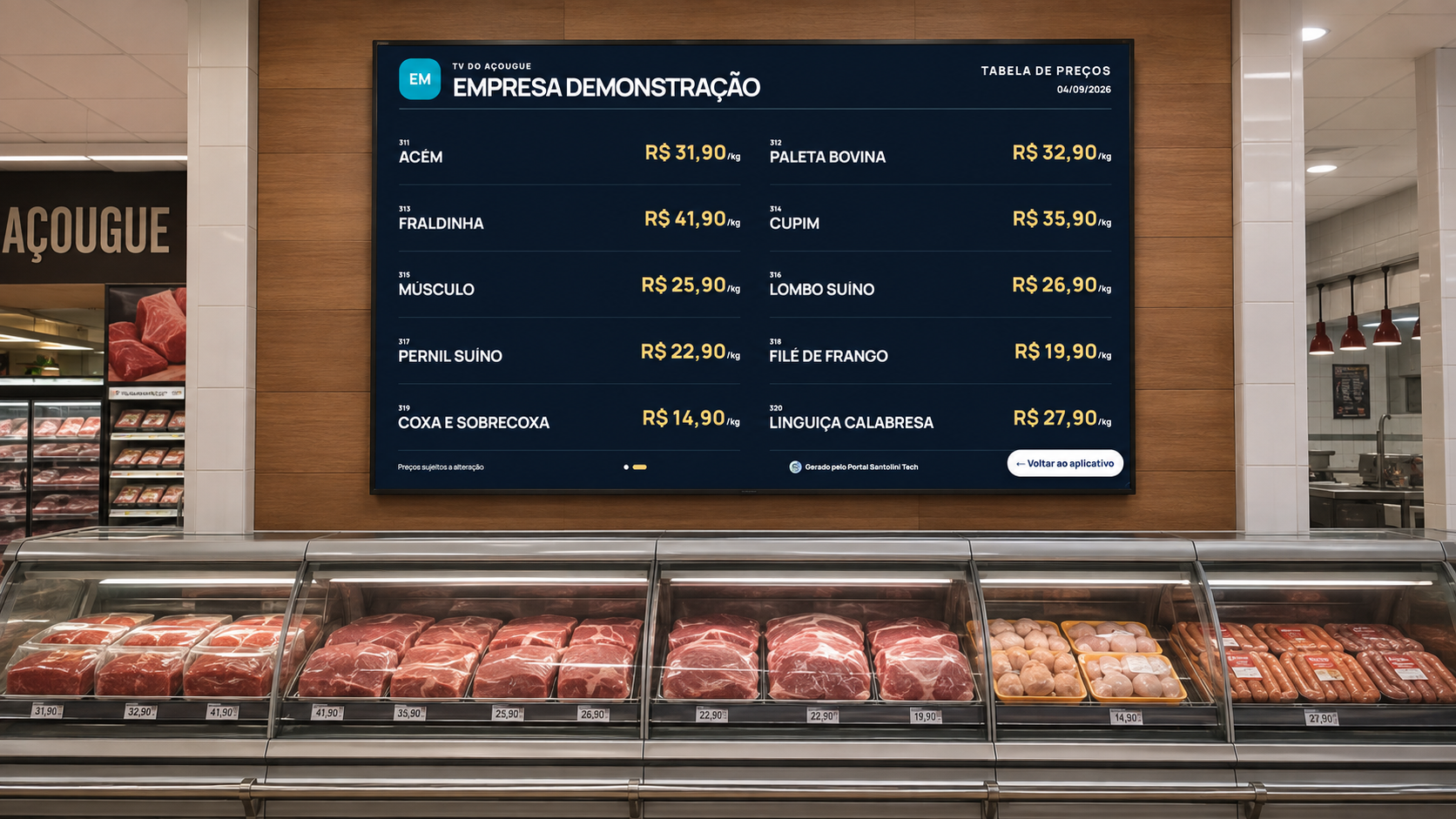 Tabela digital de preços exibida em uma televisão de supermercado